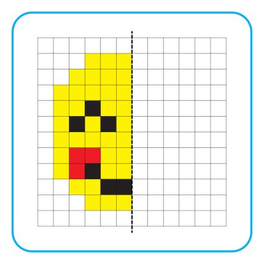 Çocuklar için resim yansıtma eğitici bir oyun. Anaokulu aktiviteleri için simetrik çalışma tablolarını tamamlamayı öğren. Boyama şebeke sayfaları, resim mozaikleri veya piksel sanatı için görevler. Utangaç gülümsemeni bitir..