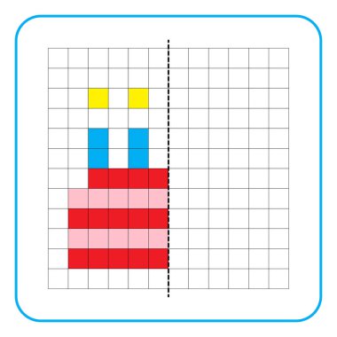 Çocuklar için resim yansıtma eğitici bir oyun. Anaokulu aktiviteleri için simetrik çalışma tablolarını tamamlamayı öğren. Boyama şebeke sayfaları, resim mozaikleri veya piksel sanatı için görevler. Doğum günü pastasını bitir..