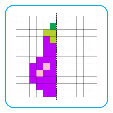 Çocuklar için resim yansıtma eğitici bir oyun. Anaokulu aktiviteleri için simetri ödevlerini tamamlamayı öğren. Boyama şebeke sayfaları, resim mozaikleri veya piksel sanatı için görevler. Mor patlıcanı bitir..