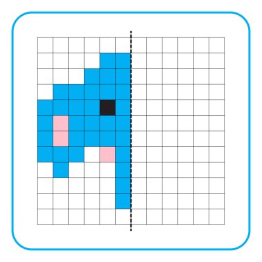 Çocuklar için resim yansıtma eğitici bir oyun. Anaokulu aktiviteleri için simetri ödevlerini tamamlamayı öğren. Boyama şebeke sayfaları, resim mozaikleri veya piksel sanatı için görevler. Fil suratını bitir..