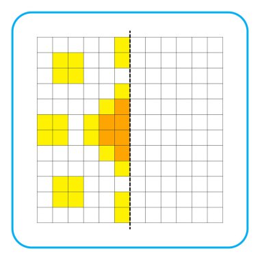 Çocuklar için resim yansıtma eğitici bir oyun. Anaokulu aktiviteleri için simetri ödevlerini tamamlamayı öğren. Boyama şebeke sayfaları, resim mozaikleri veya piksel sanatı için görevler. Ayçiçeğini bitir..
