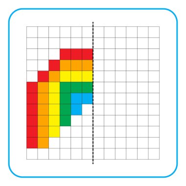 Çocuklar için resim yansıtma eğitici bir oyun. Anaokulu aktiviteleri için simetrik çalışma tablolarını tamamlamayı öğren. Boyama şebeke sayfaları, resim mozaikleri veya piksel sanatı için görevler. Gökkuşağını bitir..