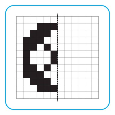 Çocuklar için resim yansıtma eğitici bir oyun. Anaokulu aktiviteleri için simetri ödevlerini tamamlamayı öğren. Boyama şebeke sayfaları, resim mozaikleri veya piksel sanatı için görevler. Arabanın lastiklerini bitir..