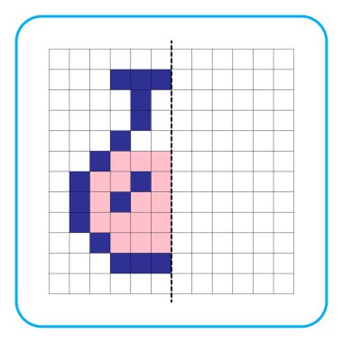 Çocuklar için resim yansıtma eğitici bir oyun. Anaokulu aktiviteleri için simetrik çalışma tablolarını tamamlamayı öğren. Renkli şebeke sayfaları, resim mozaikleri veya pikseller. Laboratuar camını bitir..