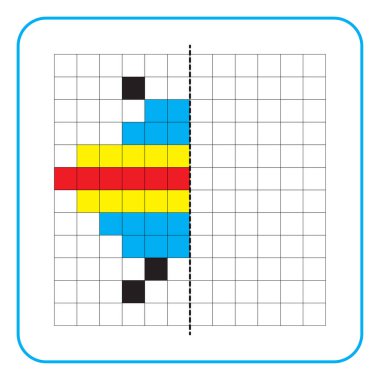 Çocuklar için resim yansıtma eğitim oyunu. Anaokulu aktiviteleri için simetrik çalışma tablolarını tamamlamayı öğren. Renkli şebeke sayfaları, görsel algı ve piksel sanat. UFO düzlem resmini bitir.