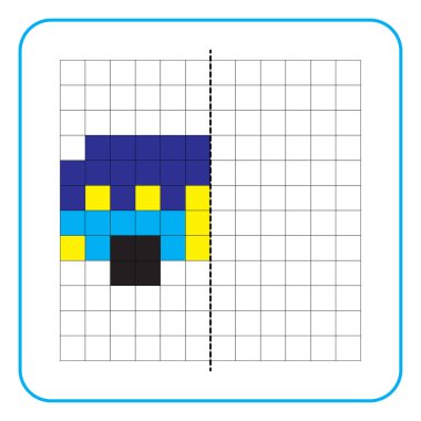 Çocuklar için resim yansıtma eğitim oyunu. Anaokulu aktiviteleri için simetrik çalışma tablolarını tamamlamayı öğren. Renkli şebeke sayfaları, görsel algı ve piksel sanat. Okul servisini bitir..