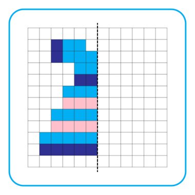 Çocuklar için resim yansıtma eğitim oyunu. Anaokulu aktiviteleri için simetrik çalışma tablolarını tamamlamayı öğren. Renkli şebeke sayfaları, görsel algı ve piksel sanat. Kızların elbiselerini bitir..