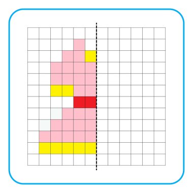 Çocuklar için resim yansıtma eğitim oyunu. Anaokulu aktiviteleri için simetrik çalışma tablolarını tamamlamayı öğren. Renkli şebeke sayfaları, görsel algı ve piksel sanat. Kızların elbiselerini bitir..