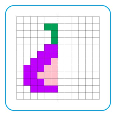 Çocuklar için resim yansıtma eğitim oyunu. Anaokulu aktiviteleri için simetrik çalışma tablolarını tamamlamayı öğren. Renkli şebeke sayfaları, görsel algı ve piksel sanat. İncirli meyve resmini bitir.