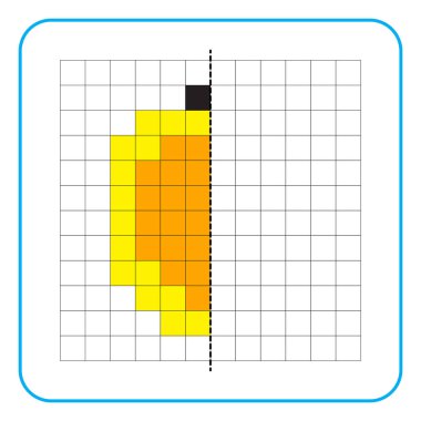 Çocuklar için resim yansıtma eğitim oyunu. Anaokulu aktiviteleri için simetrik çalışma tablolarını tamamlamayı öğren. Renkli şebeke sayfaları, görsel algı ve piksel sanat. Tutku meyvesini bitir..