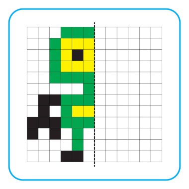 Çocuklar için resim yansıtma eğitici bir oyun. Anaokulu aktiviteleri için simetrik çalışma tablolarını tamamlamayı öğren. Boyama şebeke sayfaları, resim mozaikleri veya piksel sanatı için görevler. Ninja robotları bitir..