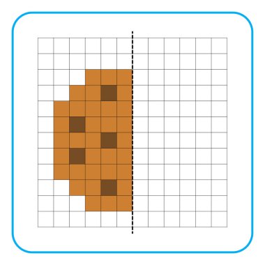 Çocuklar için resim yansıtma eğitici bir oyun. Anaokulu aktiviteleri için simetrik çalışma tablolarını tamamlamayı öğren. Boyama şebeke sayfaları, resim mozaikleri veya piksel sanatı için görevler. Kurabiyeyi bitir..