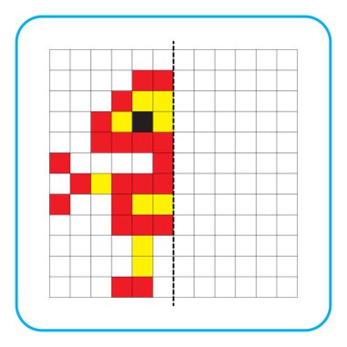 Çocuklar için resim yansıtma eğitici bir oyun. Anaokulu aktiviteleri için simetrik çalışma tablolarını tamamlamayı öğren. Boyama şebeke sayfaları, resim mozaikleri veya piksel sanatı için görevler. Robotu bitir..