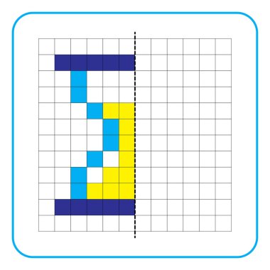 Çocuklar için resim yansıtma eğitici bir oyun. Anaokulu aktiviteleri için simetrik çalışma tablolarını tamamlamayı öğren. Boyama şebeke sayfaları, resim mozaikleri veya piksel sanatı için görevler. Kum saatini bitir..
