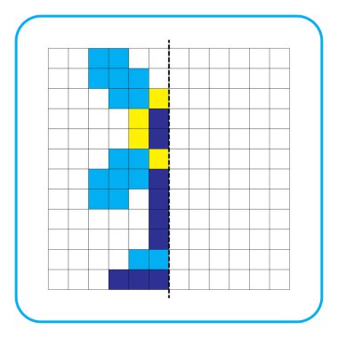 Çocuklar için resim yansıtma eğitici bir oyun. Anaokulu aktiviteleri için simetrik çalışma tablolarını tamamlamayı öğren. Boyama şebeke sayfaları, resim mozaikleri veya piksel sanatı için görevler. Yel değirmenini bitir.