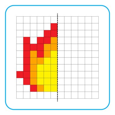 Çocuklar için resim yansıtma eğitici bir oyun. Anaokulu aktiviteleri için simetrik çalışma tablolarını tamamlamayı öğren. Boyama şebeke sayfaları, resim mozaikleri veya piksel sanatı için görevler. Alevi bitir..