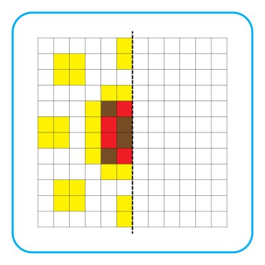 Çocuklar için resim yansıtma eğitici bir oyun. Anaokulu aktiviteleri için simetrik çalışma tablolarını tamamlamayı öğren. Boyama şebeke sayfaları, resim mozaikleri veya piksel sanatı için görevler. Ayçiçeğini bitir..