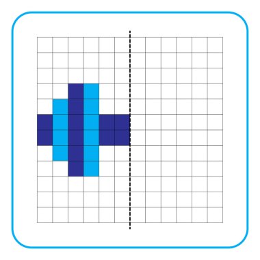 Çocuklar için resim yansıtma eğitim oyunu. Anaokulu aktiviteleri için simetrik çalışma tablolarını tamamlamayı öğren. Renkli şebeke sayfaları, görsel algı ve piksel sanat. Spor halterini bitir..