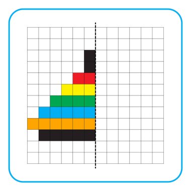 Çocuklar için resim yansıtma eğitim oyunu. Anaokulu aktiviteleri için simetrik çalışma tablolarını tamamlamayı öğren. Renkli şebeke sayfaları, görsel algı ve piksel sanat. Yüzük oyuncağını bitir..