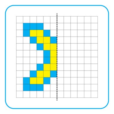 Çocuklar için resim yansıtma eğitim oyunu. Anaokulu aktiviteleri için simetrik çalışma tablolarını tamamlamayı öğren. Renkli şebeke sayfaları, görsel algı ve piksel sanat. X harfini bitir..