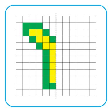 Çocuklar için resim yansıtma eğitim oyunu. Anaokulu aktiviteleri için simetrik çalışma tablolarını tamamlamayı öğren. Renkli şebeke sayfaları, görsel algı ve piksel sanat. Y harfini bitir..