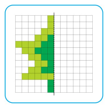 Çocuklar için resim yansıtma eğitim oyunu. Anaokulu aktiviteleri için simetrik çalışma tablolarını tamamlamayı öğren. Renkli şebeke sayfaları, görsel algı ve piksel sanat. Yeşil yaprak resmini bitir.