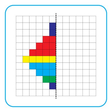 Çocuklar için resim yansıtma eğitim oyunu. Anaokulu aktiviteleri için simetrik çalışma tablolarını tamamlamayı öğren. Renkli şebeke sayfaları, görsel algı ve piksel sanat. Dönen oyuncağı bitir..