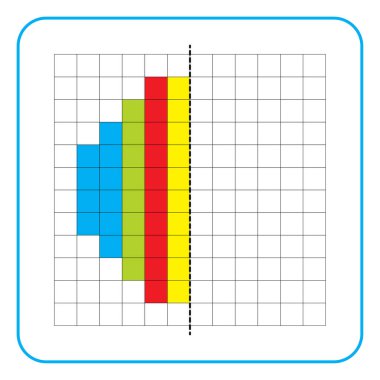 Çocuklar için resim yansıtma eğitim oyunu. Anaokulu aktiviteleri için simetrik çalışma tablolarını tamamlamayı öğren. Renkli şebeke sayfaları, görsel algı ve piksel sanat. Renkli topları bitir..