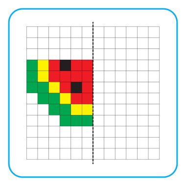Çocuklar için resim yansıtma eğitim oyunu. Anaokulu aktiviteleri için simetrik çalışma tablolarını tamamlamayı öğren. Renkli şebeke sayfaları, görsel algı ve piksel sanat. Karpuz dilimini bitir..