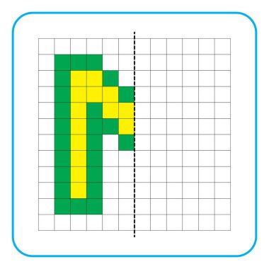 Çocuklar için resim yansıtma eğitim oyunu. Anaokulu aktiviteleri için simetrik çalışma tablolarını tamamlamayı öğren. Renkli şebeke sayfaları, görsel algı ve piksel sanat. M harfini bitir..