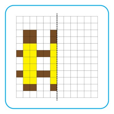 Çocuklar için resim yansıtma eğitim oyunu. Anaokulu aktiviteleri için simetrik çalışma tablolarını tamamlamayı öğren. Renkli şebeke sayfaları, görsel algı ve piksel sanat. Ahşap çiti bitir..