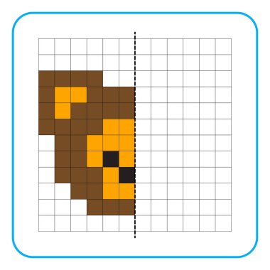 Çocuklar için resim yansıtma eğitim oyunu. Anaokulu aktiviteleri için simetrik çalışma tablolarını tamamlamayı öğren. Renkli şebeke sayfaları, görsel algı ve piksel sanat. Maymun suratını bitir..