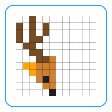 Çocuklar için resim yansıtma eğitim oyunu. Anaokulu aktiviteleri için simetrik çalışma tablolarını tamamlamayı öğren. Renkli şebeke sayfaları, görsel algı ve piksel sanat. Geyik kafasını bitir..