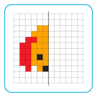 Çocuklar için resim yansıtma eğitim oyunu. Anaokulu aktiviteleri için simetrik çalışma tablolarını tamamlamayı öğren. Renkli şebeke sayfaları, görsel algı ve piksel sanat. Köpek suratını bitir..