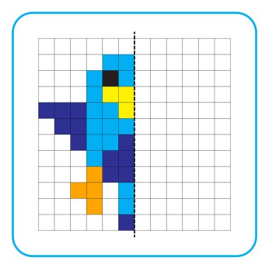 Çocuklar için resim yansıtma eğitim oyunu. Anaokulu aktiviteleri için simetrik çalışma tablolarını tamamlamayı öğren. Renkli şebeke sayfaları, görsel algı ve piksel sanat. Uçan kuşu bitir..