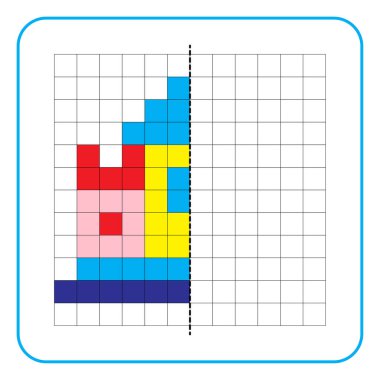 Çocuklar için resim yansıtma eğitim oyunu. Anaokulu aktiviteleri için simetrik çalışma tablolarını tamamlamayı öğren. Renkli şebeke sayfaları, görsel algı ve piksel sanat. Renkli şatoyu bitirin.