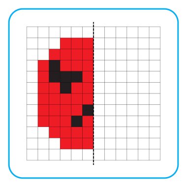 Çocuklar için resim yansıtma eğitim oyunu. Anaokulu aktiviteleri için simetrik çalışma tablolarını tamamlamayı öğren. Renkli şebeke sayfaları, görsel algı ve piksel sanat. Öfkeli ifadeyi bitir.