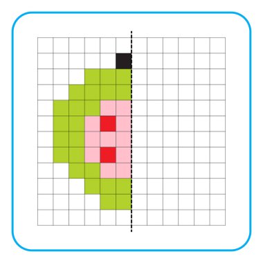 Çocuklar için resim yansıtma eğitim oyunu. Anaokulu aktiviteleri için simetrik çalışma tablolarını tamamlamayı öğren. Renkli şebeke sayfaları, görsel algı ve piksel sanat. Guava meyvesini bitir..