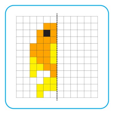 Çocuklar için resim yansıtma eğitim oyunu. Anaokulu aktiviteleri için simetrik çalışma tablolarını tamamlamayı öğren. Renkli şebeke sayfaları, görsel algı ve piksel sanat. Japon balığı resmini bitir.