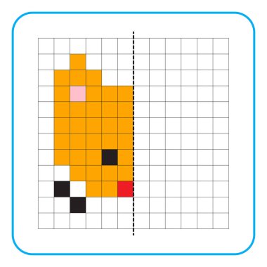 Çocuklar için resim yansıtma eğitim oyunu. Anaokulu aktiviteleri için simetrik çalışma tablolarını tamamlamayı öğren. Renkli şebeke sayfaları, görsel algı ve piksel sanat. Kedi suratını bitir..