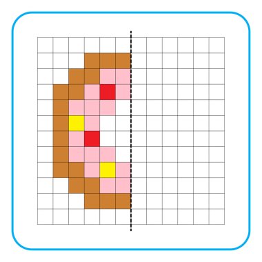 Çocuklar için resim yansıtma eğitim oyunu. Anaokulu aktiviteleri için simetrik çalışma tablolarını tamamlamayı öğren. Renkli şebeke sayfaları, görsel algı ve piksel sanat. Serpilmiş çörekleri bitir..