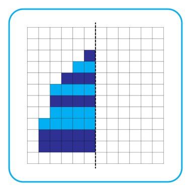 Çocuklar için resim yansıtma eğitim oyunu. Anaokulu aktiviteleri için simetrik çalışma tablolarını tamamlamayı öğren. Renkli şebeke sayfaları, görsel algı ve piksel sanat. Bere resimlerini bitir..