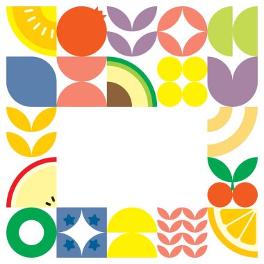 Geometrik yaz taze meyve kesimi renkli basit şekilli resim posteri. İskandinav stili düz vektör desenli tasarım. Beyaz arka planda meyve ve yaprakların minimalist illüstrasyonu.