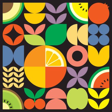 Geometrik yaz taze meyve kesimi renkli basit şekilli resim posteri. İskandinav tarzında düz soyut vektör deseni tasarımı. Siyah arkaplanda turunçgil portakallarının minimalist çizimi.