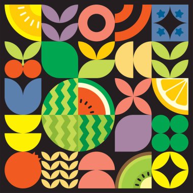 Geometrik yaz taze meyve resimleri posteri renkli basit şekillerle. İskandinav tarzında düz soyut vektör deseni tasarımı. Siyah arka planda kırmızı bir karpuzun minimalist çizimi.