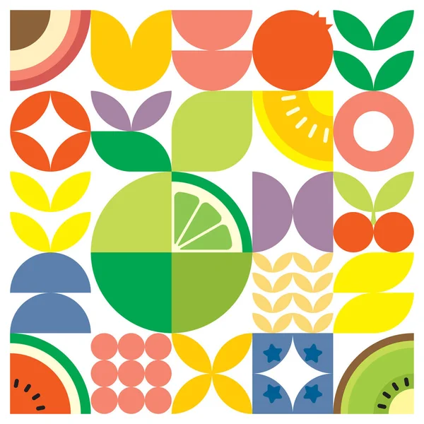 幾何学的な夏の新鮮なフルーツカットアートワークポスターカラフルなシンプルな形をしています 北欧風の平面抽象ベクトルパターンデザイン 白を基調とした緑の柑橘類のミニマルなイラスト — ストックベクタ