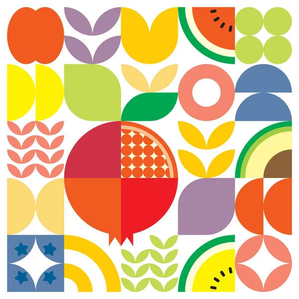 Geometric Summer Fresh Fruit Artwork Poster Colorful Simple Shapes Flat — Stock Vector