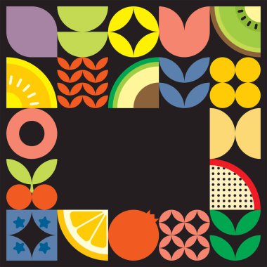 Geometrik yaz taze meyve kesimi renkli basit şekilli resim posteri. İskandinav stili düz vektör desenli tasarım. Siyah arkaplanda meyve ve yaprakların minimalist çizimi.