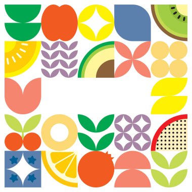 Geometrik yaz taze meyve kesimi renkli basit şekilli resim posteri. İskandinav stili düz vektör desenli tasarım. Beyaz arka planda meyve ve yaprakların minimalist illüstrasyonu.