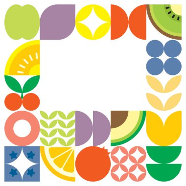 Geometrik yaz taze meyve kesimi renkli basit şekilli resim posteri. İskandinav stili düz vektör desenli tasarım. Beyaz arka planda meyve ve yaprakların minimalist illüstrasyonu.